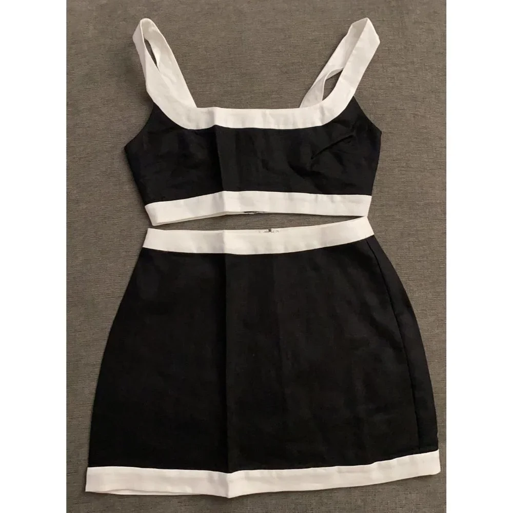 NWOT Reformation Robbie Linen Two Piece in Black White Sleeveless Top Skirt Set